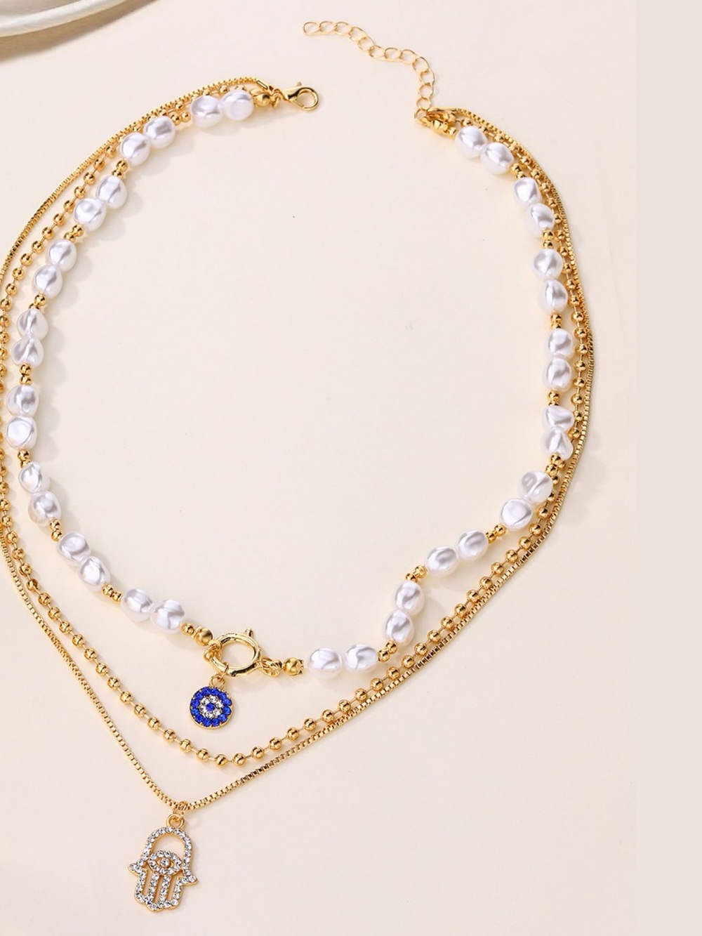 18K Gold Plated Layered Pearl Evil Eye Hamsa Necklace Stainless Steel Statement